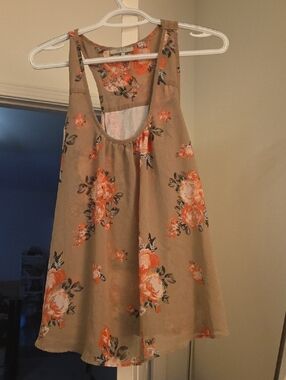 Guess Floral Tan and Orange Sleeveless Blouse